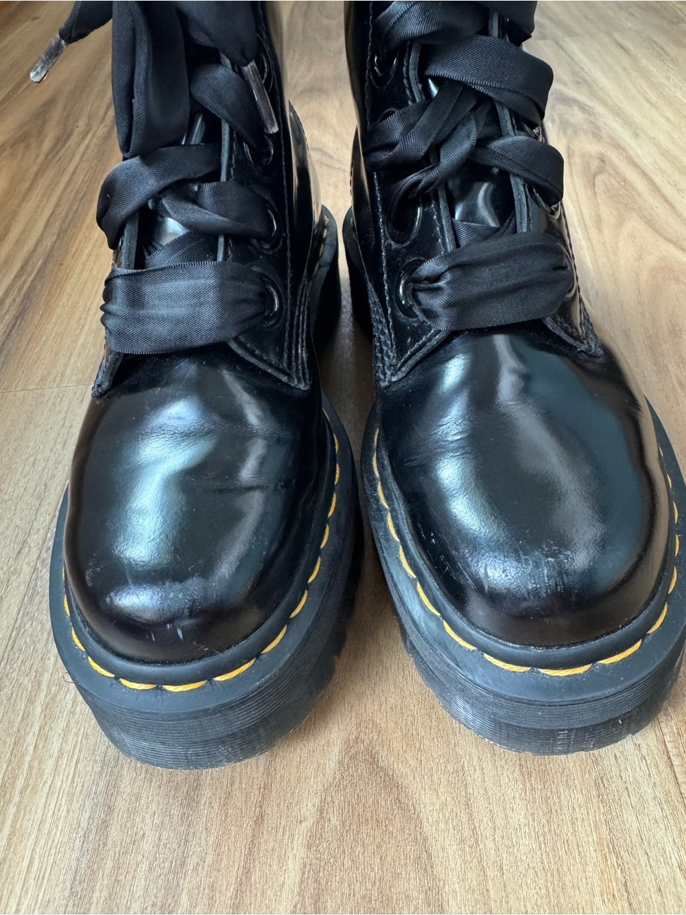 Dr. Martens Molly Black Platform Lace-Up Combat Boots with Yellow Stitching - Picture 2 of 5